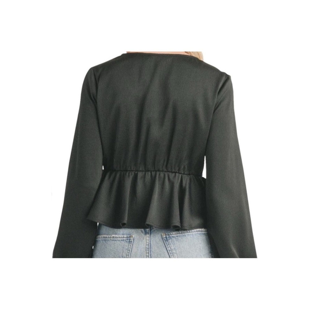 black "All in Favor Tie Front Satin Peplum Top" with a V-neck and long sleeves. - Picture 3 of 6